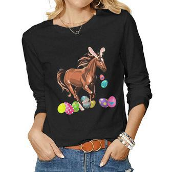 Horse And Bunny Rabbit Hat Easter Eggs Happy Day T Shirt Women Long Sleeve T-shirt | Mazezy