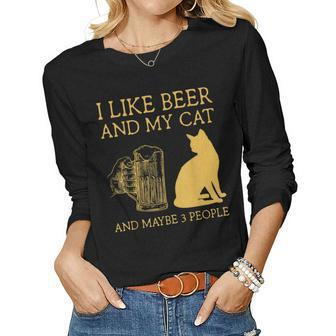 I Like Beer And My Cat And Maybe 3 People I Like Beer Cat Women Graphic Long Sleeve T-shirt - Seseable