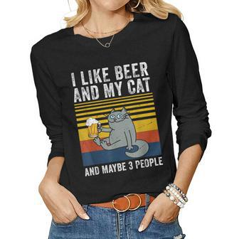 I Like Beer My Cat And Maybe 3 People Funny Cat Beer Lover Women Graphic Long Sleeve T-shirt - Seseable