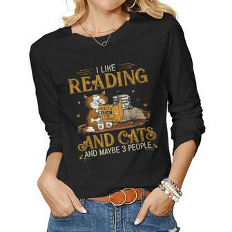 I Like Coffee Cats Books And Maybe 3 People Reading Cat Love Women Graphic Long Sleeve T-shirt - Seseable