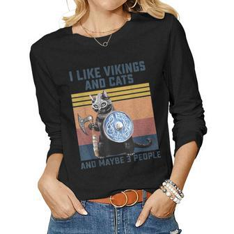 I Like Vikings And Cats And Maybe 3 People Cat Lover Mother Women Graphic Long Sleeve T-shirt - Seseable