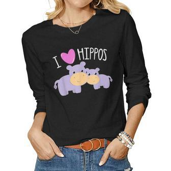 I Love Hippos Mother Baby Heart Toddler Tween Girls Kids Mom Women Graphic Long Sleeve T-shirt - Seseable