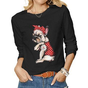 I Love Mom Tattoo Funny French Bulldog Dog Wearing Bandana Women Graphic Long Sleeve T-shirt - Seseable