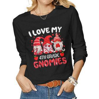 I Love My 4Th Grade Gnomies Valentine Gnome Teacher Matching Women Graphic Long Sleeve T-shirt - Seseable