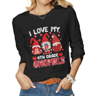 I Love My 4Th Grade Gnomies Valentine Heart Gnome Teacher Women Graphic Long Sleeve T-shirt - Seseable