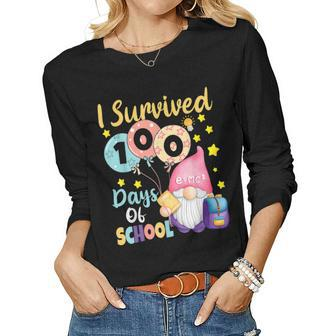 I Survived 100 Days Of School Funny Gnomes Teacher Kids Gift Women Graphic Long Sleeve T-shirt - Seseable