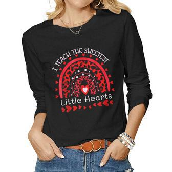I Teach The Sweetest Hearts Rainbow Leopard Valentines Cute Women Graphic Long Sleeve T-shirt - Seseable