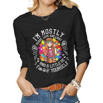 Im Mostly Peace Love And Light Vintage Flower Hippie Women Graphic Long Sleeve T-shirt - Seseable