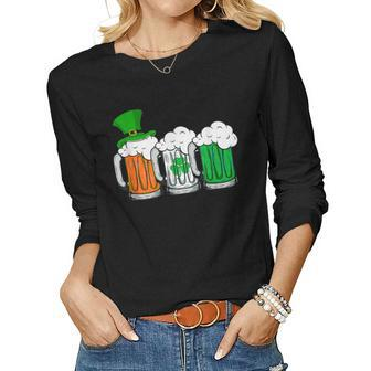 Irish Beer Ireland Flag St Patricks Day Shamrock Clover Women Graphic Long Sleeve T-shirt - Seseable