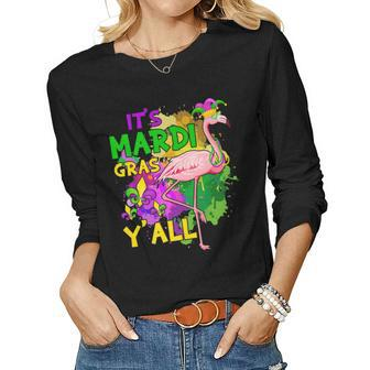 Its Mardi Gras Yall Jester Flamingo Mask Beads Outfits Women Graphic Long Sleeve T-shirt - Seseable