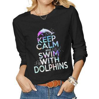 Keep Calm Swim With Dolphins Women Girls Kid Mom Beach Lover 2247 Women Graphic Long Sleeve T-shirt - Seseable