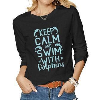 Keep Calm Swim With Dolphins Women Girls Kid Mom Beach Lover 2320 Women Graphic Long Sleeve T-shirt - Seseable
