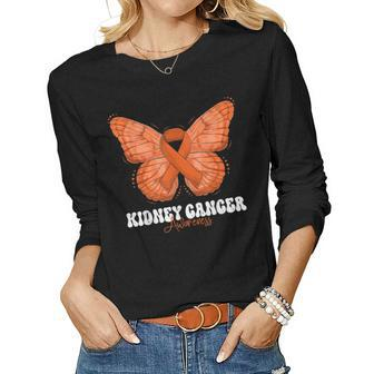 Kidney Cancer Awareness Month Orange Ribbon Butterfly Women Long Sleeve T-shirt | Mazezy