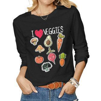 Kids Vegan Vegetarian I Love Vegetables Funny Boys Girls Mom Women Graphic Long Sleeve T-shirt - Seseable