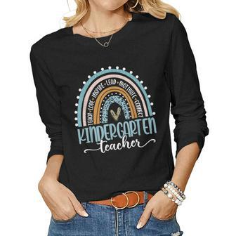 Kindergarten Teacher Leopard Rainbow 100 Days Of School Women Graphic Long Sleeve T-shirt - Seseable