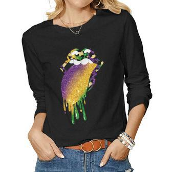 Leopard Lip With Tongue Out Women Love Mardi Gras Parade Women Long Sleeve T-shirt | Mazezy