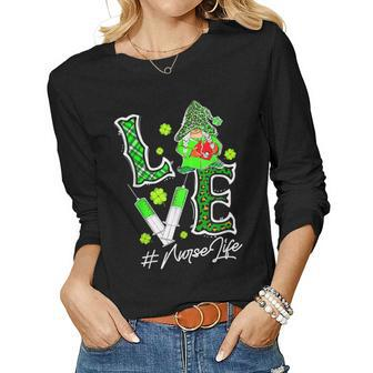 Leopard Love Nurse Life Gnome Shamrock St Patricks Day Women Graphic Long Sleeve T-shirt - Seseable