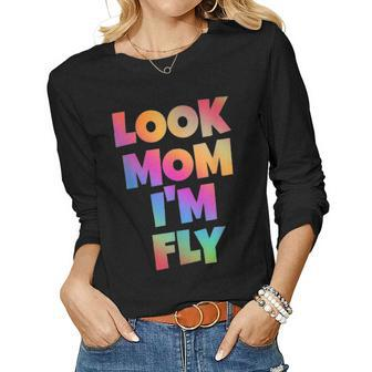 Look Mom Im Fly Hip Hop Style Rainbow Letters Aesthetic Women Graphic Long Sleeve T-shirt - Seseable