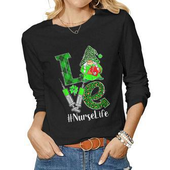 Love Gnome Nurse Life Er Rn St Patricks Day Leopard Shamrock V2 Women Graphic Long Sleeve T-shirt - Seseable