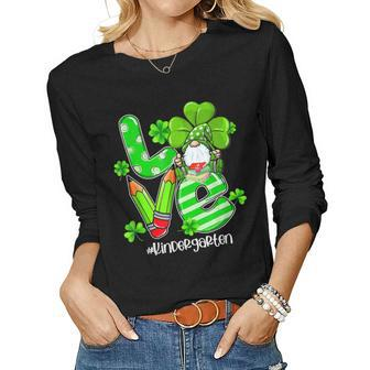 Love Kindergarten Teacher Gnome Shamrock St Patricks Day Women Graphic Long Sleeve T-shirt - Seseable