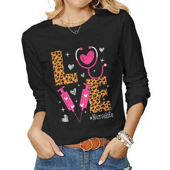 Love Nurse Life Leopard Valentine Day Nursing Women Women Graphic Long Sleeve T-shirt - Seseable