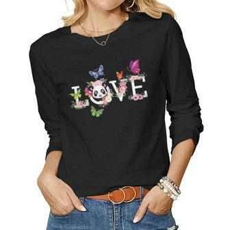 Love Panda Bear Flower Butterfly Cute Gift For Mom Dad Women Graphic Long Sleeve T-shirt - Seseable