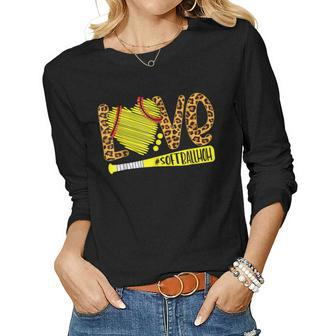 Love Softball Mom Leopard Print Baseball Lover Women Long Sleeve T-shirt | Mazezy