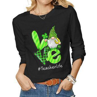 Love Teacher Life Gnome Leopard Shamrock St Patricks Day V2 Women Graphic Long Sleeve T-shirt - Seseable
