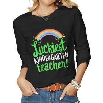 Luckiest Kindergarten Teacher St Patricks Day Women Graphic Long Sleeve T-shirt - Seseable