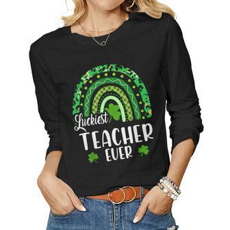 Luckiest Teacher Ever Rainbow Shamrock St Patricks Day Women Graphic Long Sleeve T-shirt - Seseable