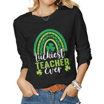 Luckiest Teacher Ever Rainbow Shamrock St Patricks Day Women Graphic Long Sleeve T-shirt - Seseable