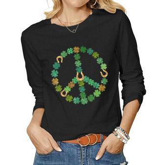 Lucky Shamrock Horseshoe Peace Sign St Patricks Day Hippie Women Long Sleeve T-shirt | Mazezy