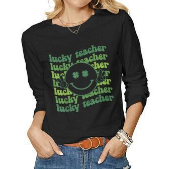Lucky Teacher Retro Groovy Saint Patricks Day Funny Irish Women Graphic Long Sleeve T-shirt - Thegiftio UK