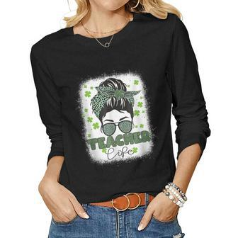 Lucky Teacher St Patrick Teacher Messy Bun Bleached Green Women Graphic Long Sleeve T-shirt - Seseable
