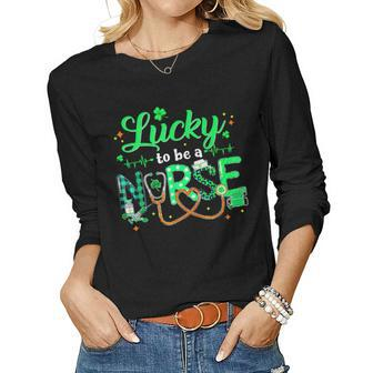 Lucky To Be A Nurse St Patricks Day Lucky Nurse Shamrock Women Graphic Long Sleeve T-shirt - Seseable