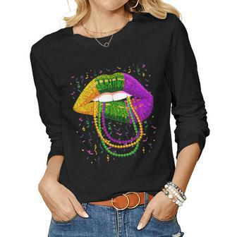 Mardi Gras Lips Queen Beads Outfit For Women Carnival Women Long Sleeve T-shirt | Mazezy