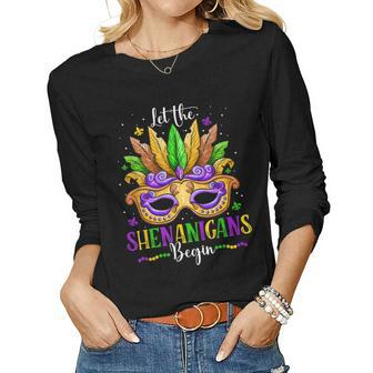 Mardi Gras Mask Costume Let The Shenanigans Begin Womens V5 Women Graphic Long Sleeve T-shirt - Seseable
