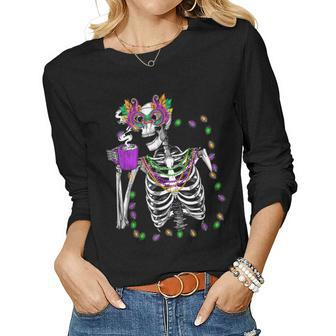 Mardi Gras Skeleton Drinking Coffee Mask Beads Women Graphic Long Sleeve T-shirt - Thegiftio UK