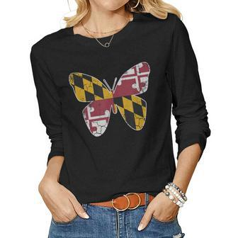 Maryland Flag Butterfly Home State Vintage Distressed Women Graphic Long Sleeve T-shirt - Seseable