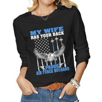 Mens My Wife Has Your Back Proud Air Force Husband Spouse Gift Women Graphic Long Sleeve T-shirt - Seseable