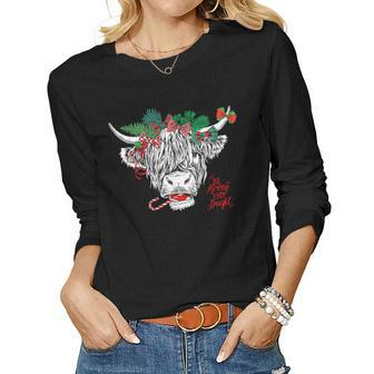Be Merry And Bright Christmas Highland Cow Farming Farmer Women Long Sleeve T-shirt | Mazezy