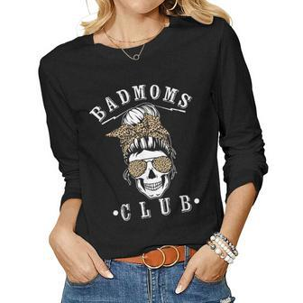 Messy Hair Bun Bandana Skull Leopard Print Bad Moms Club Women Graphic Long Sleeve T-shirt - Thegiftio UK