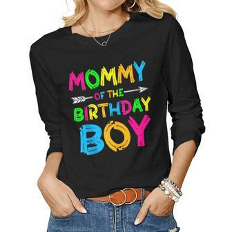 Mommy Of The Birthday Boy Paint Splatter Glow Party Themed Women Long Sleeve T-shirt | Mazezy