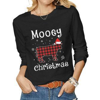 Mooey Christmas Cow Plaid Pajama Farm Lovers Women Long Sleeve T-shirt | Mazezy