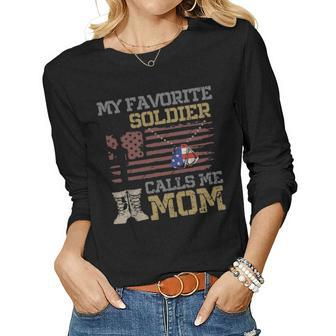 My Favorite Soldier Calls Me Mom Proud Army Mom V2 Women Graphic Long Sleeve T-shirt - Seseable