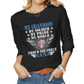 My Grandson Is A Soldier Airman Proud Air Force Nana Gift Women Graphic Long Sleeve T-shirt - Seseable