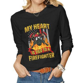 My Heart Is Tied To A Firefighter Fireman Fire Wife Women Graphic Long Sleeve T-shirt - Seseable