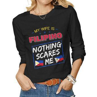 My Wife Is Filipino Republic Of The Philippines Roots Flag Women Graphic Long Sleeve T-shirt - Seseable