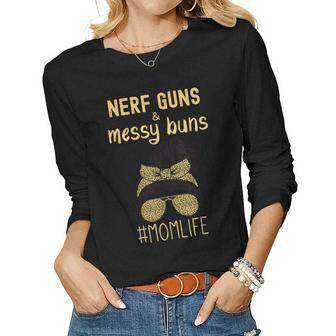 Nerf Guns And Messy Buns Momlife Leopard Print Women Long Sleeve T-shirt | Mazezy
