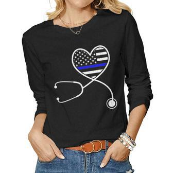 Nurse Life Police Wife The Thin Blue Line Family Women Graphic Long Sleeve T-shirt - Seseable